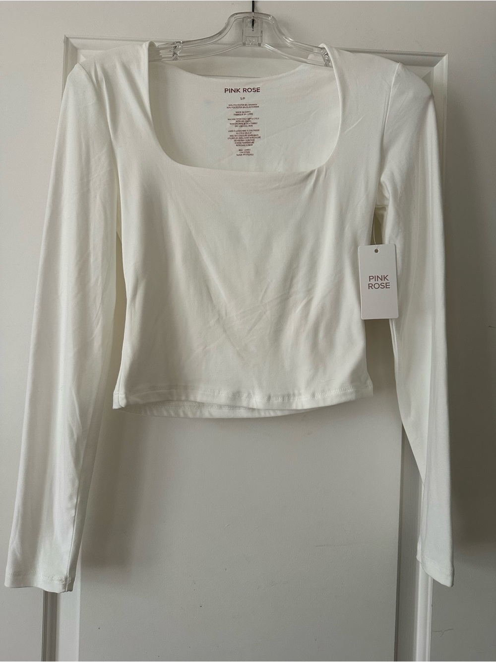 Pink Rose White Long-Sleeve Square Neck Crop Top